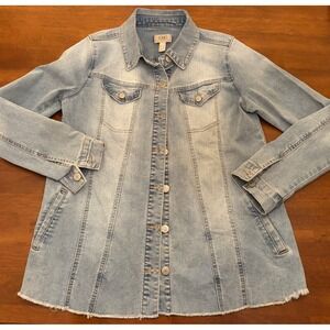 LOGO Lori Goldstein Denim Jacket A-Line Frayed Hem Womens Size 6